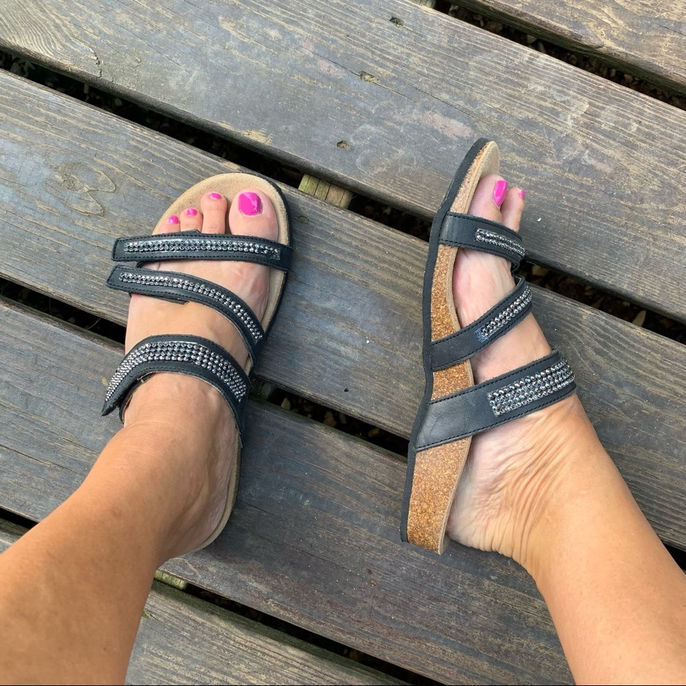 Vionic Black Triple-Strap Embellished Slide Sandals